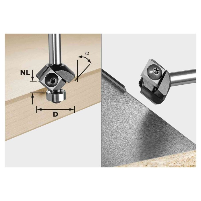 Фреза для профилирования фасок со сменными ножами HW с хвостовиком FESTOOL 8 мм S8 45° D27 12x12 KL