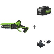 Комплект: Пила цепная аккумуляторная GREENWORKS GD24CS15 24V без АКБ и ЗУ мини + Аккумулятор G24B4 + Зарядное устройствоG24UC2, 24 В
