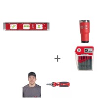 Комплект 1: Уровень Milwaukee Torpedo Base магнитный 25см + Термокружка PACKOUT 887 мл + Биты для шуруповерта Shockwave Impact Duty PH2 x 50 мм + Отвертка с трещоткой 9 в 1 Hex + Кепка Milwaukee