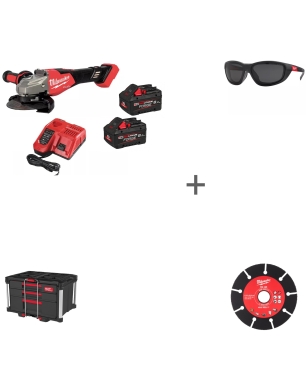 ПРОМО "ВЫГОДНЫЙ МИКС" Аккумуляторная углошлифмашина Milwaukee M18 FUEL FHSAG125XB2-802X + Очки ПРЕМИУМ, Два карбидных диска, Ящик PACKOUT с 2+1!