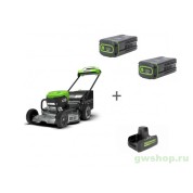 Комплект: Газонокосилка аккумуляторная GREENWORKS LM221S, без АКБ и ЗУ + 2 Аккумулятора G82B8 + Зарядное устройство G82C2