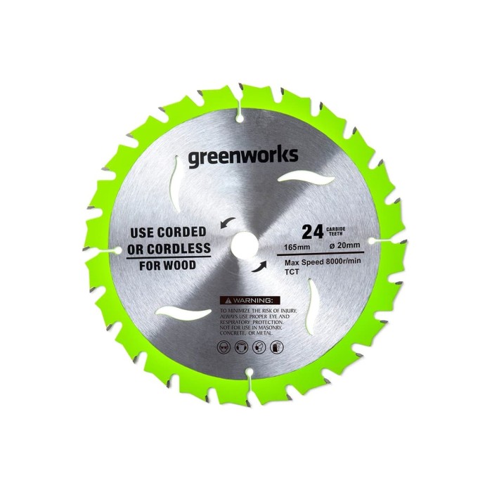 Диск пильный по дереву для циркулярной пилы 165x1.6x20 мм, 24T GreenWorks 2955707