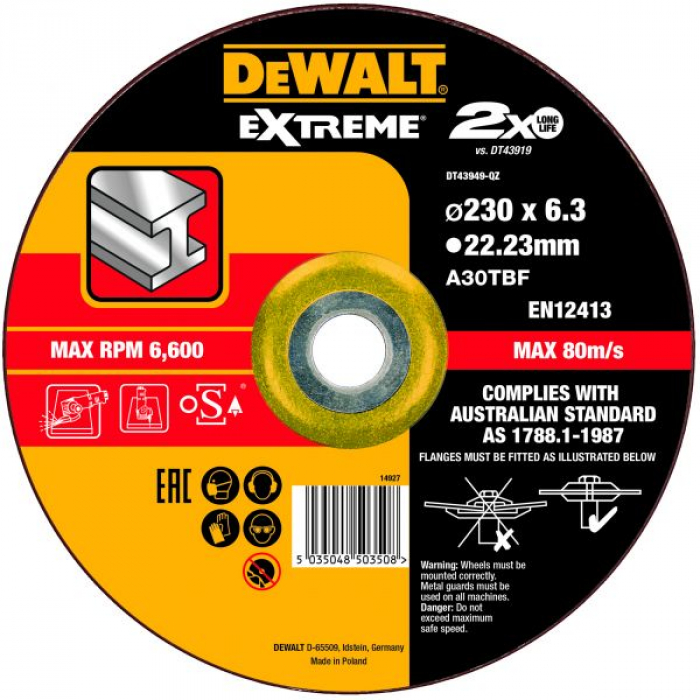 Круг зачистной по металлу EXTREME 230x22.2x6.3 мм DeWALT DT43949-QZ