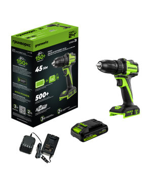 Дрель-шуруповерт аккумуляторный GREENWORKS DD345 24V, с 1 АКБ 2Ач и ЗУ