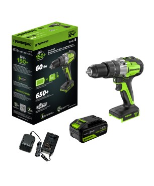 Дрель-шуруповерт ударная аккумуляторная Greenworks GD24DD60 24V, с 1 АКБ 4Ач и ЗУ
