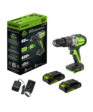 Дрель-шуруповерт ударная аккумуляторная GREENWORKS GD24DD60 24V, с 2 АКБ 2Ач и ЗУ