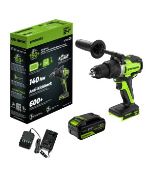 Дрель-шуруповерт ударная аккумуляторная GREENWORKS GD24DD140 24V, с 1 АКБ 4Ач и ЗУ