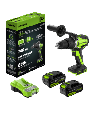 Дрель-шуруповерт ударная аккумуляторная Greenworks GD24DD140 24V, с 2 АКБ 4Ач и ЗУ