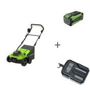 Комплект: Аэратор скарификатор аккумуляторный GREENWORKS GD40SC38II 40v без АКБ и ЗУ + Аккумулятор G40B8 + Зарядное устройство-слайдер G40UCM2M