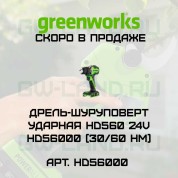 Дрель-шуруповерт ударная аккумуляторная Greenworks HD560, 24V, 2 АКБ 2Ач, ЗУ