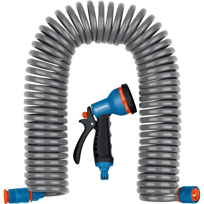 Поливочный набор GRINDA 428495, спиральный шланг 3/8″ x 15 м, пистолет-распылитель, адаптеры, PROLine