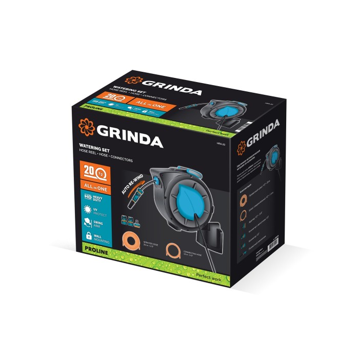 Катушка автоматическая со шлангом ProLine GRINDA HRA-20 428470, шланг 20м x 1/2″, на поворотном кронштейне настенная, поливочный набор 4 предмета