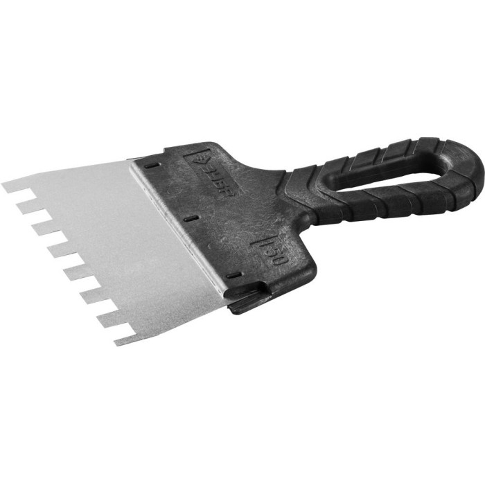 Нержавеющий фасадный шпатель ЗУБР 10078-15-10, 150 мм, зуб 10 х 10 мм, пластиковая ручка