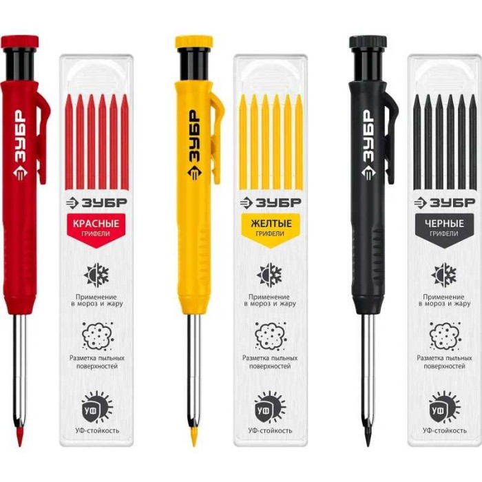 3 автоматических карандаша ЗУБР 06312-H6, АСК набор: 18 сменных грифелей: 6ч + 6ж + 6к ( d 2, 8 мм, HB)