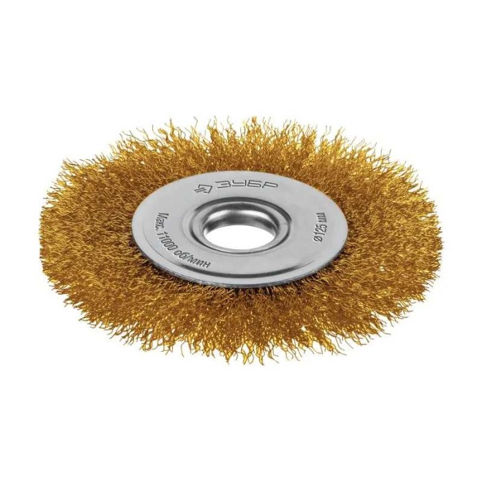 Посад. 22 мм ЗУБР 35171-125, 125х22 мм щетка дисковая для УШМ, витая стальная латунированная проволока 0.3 мм