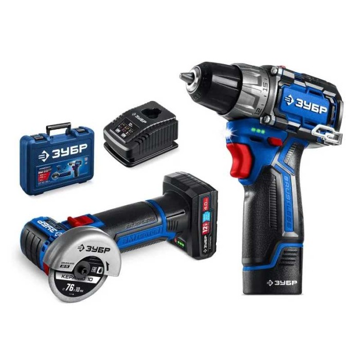 Набор: дрель-шуруповерт + мини УШМ ЗУБР Профессионал DB-121-42AB, 2 АКБ тип Т7 (4 и 2 А&middot;ч), КОМПАКТ #5, BRUSHLESS, 12 В, 45 Н&middot;м, кейс