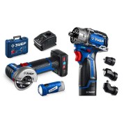 Набор: дрель-шуруповерт + мини УШМ + LED фонарь ЗУБР Профессионал DB-125-42ABF, 2 АКБ тип Т7 (4 и 2 А&middot;ч), BRUSHLESS, 12 В, 45 Н&middot;м, кейс