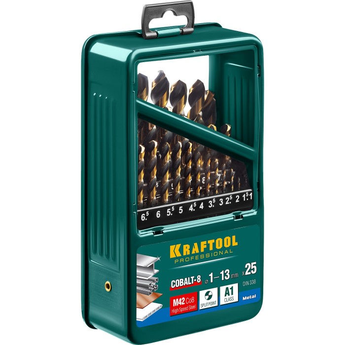 Набор сверл по металлу KRAFTOOL 29656-H25, 1-13 мм, COBALT-8, 25 шт, сталь М42, HSS-Co