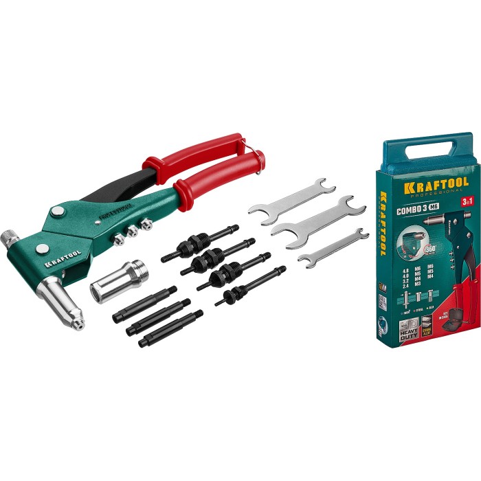 Комбинированный поворотный заклепочник в кейсе KRAFTOOL 31178, Combo3-M6, 360&deg;, 3 вида заклёпок
