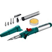 Газовый паяльник KRAFTOOL 55503-H10, SolderGas, 120 K, 30 - 120 Вт, 1300&deg;С, горелка, фен, пьезоподжиг, набор 10 в 1