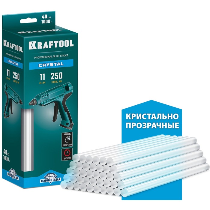Клеевые стержни KRAFTOOL 06846-40, 11 х 250 мм, Cristal, 40 шт, кристально прозрачные