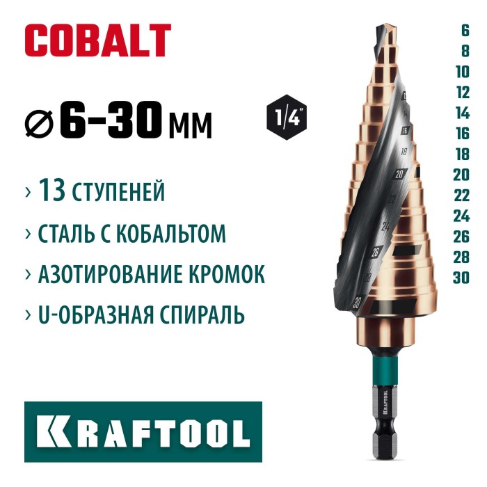 Сверло ступенчатое KRAFTOOL 29691-6-30-13, 6-30мм, COBALT 6-30мм, 13 ступеней, азотирование, винтовая спираль
