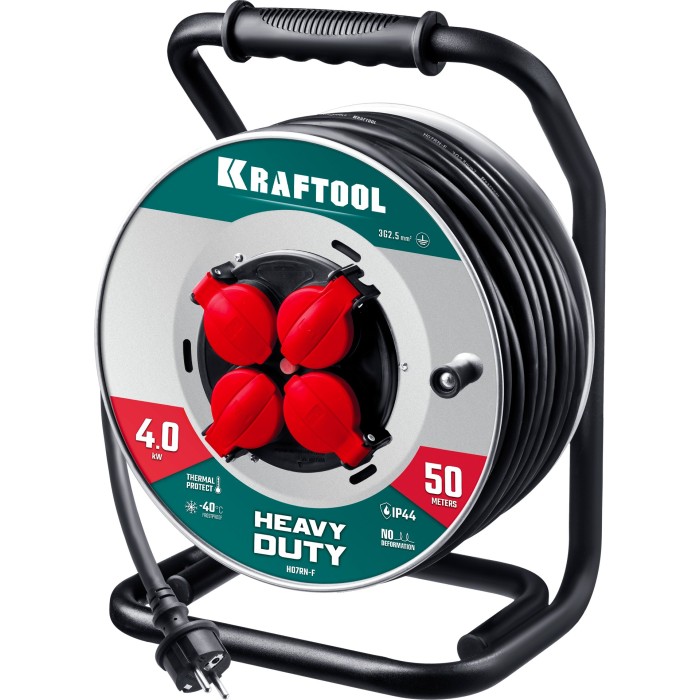 Силовой удлинитель на стальной катушке KRAFTOOL Heavy Duty 55086-50, КГ 3&times;2.5, 50 м, 4000 Вт, IP44