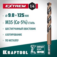 Сверло по металлу для винтовёртов и шуруповертов impact ready KRAFTOOL 29652-9, 0 х 125 мм, НЕХ-1/4&Prime;, d 9.0 х 125 мм