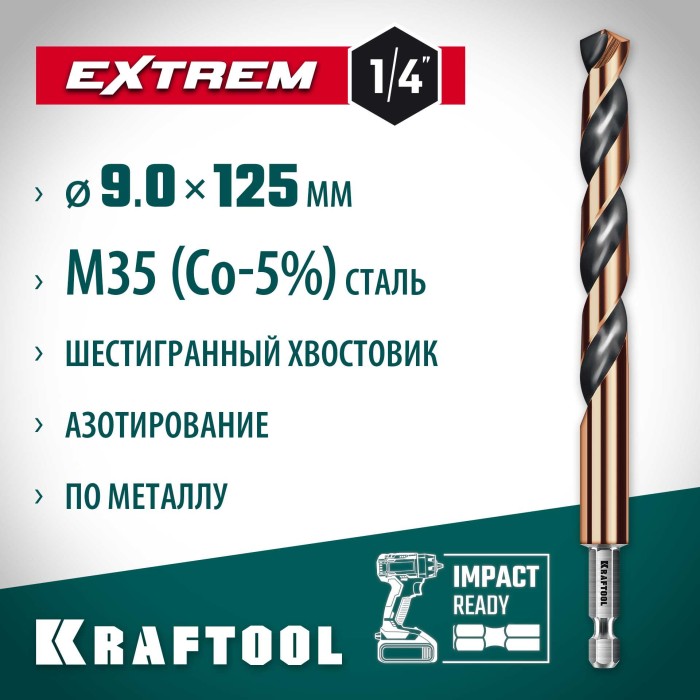 Сверло по металлу для винтовёртов и шуруповертов impact ready KRAFTOOL 29652-9, 0 х 125 мм, НЕХ-1/4&Prime;, d 9.0 х 125 мм