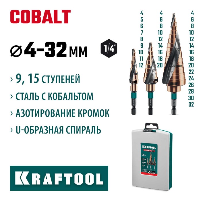 Набор сверл ступенчатых KRAFTOOL 29691-4-32-H3, 4-32мм, COBALT 3 шт., азотирование, винтовая спираль