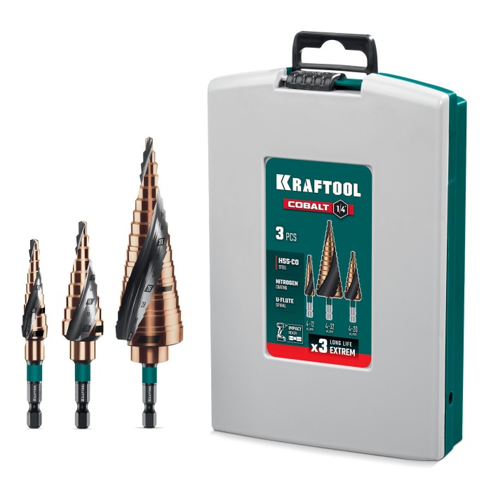 Набор сверл ступенчатых KRAFTOOL 29691-4-32-H3, 4-32мм, COBALT 3 шт., азотирование, винтовая спираль