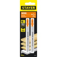 Полотна для лобзика STAYER T- 15990-2 10TPI 15990-2.5, хвост. HCS сталь по дереву/ДСП/ДВП Professional, T101B, шаг зуба 2 мм, раб. длина 75 мм, 2 шт