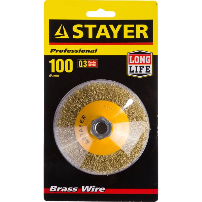 Коническая щетка-крацовка для УШМ STAYER Professional 35133-100, Коническая щетка-крацовка для УШМ , 100 мм, витая стальная латунированная проволока 0 мм