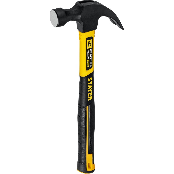 Молоток-гвоздодёр столярный с фиберглассовой рукояткой STAYER Hercules 2026-450, Молоток-гвоздодёр столярный с фиберглассовой рукояткой Professional , 450 г