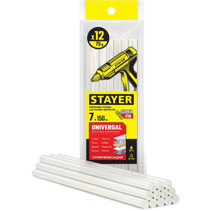 Универсальные клеевые стержни STAYER Universal 06817-12, Универсальные клеевые стержни прозрачные Professional , 7 х 150 мм, 12 шт
