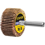Круг шлифовальный лепестковый STAYER 36606-180 36606-180, Круг шлифовальный лепестковый , d 30 x 15 мм, P180, на шпильке d 6 мм