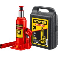 Бутылочный гидравлический домкрат STAYER RED 43160-3 43160-3-K, Бутылочный гидравлический домкрат FORCE в кейсе Professional -K, 3 т, 194 - 375 мм