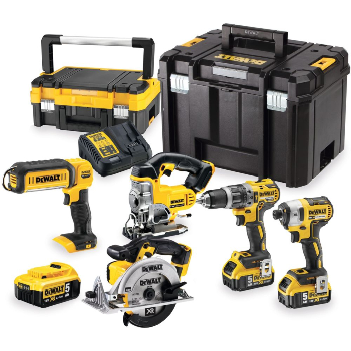 Аккумуляторный набор DEWALT DCK551P3T, 18 В: дрель + шуруповерт + пила + лобзик + фонарь, с 3 АКБ 5 Ач и ЗУ, в 2 кейсах TSTAK