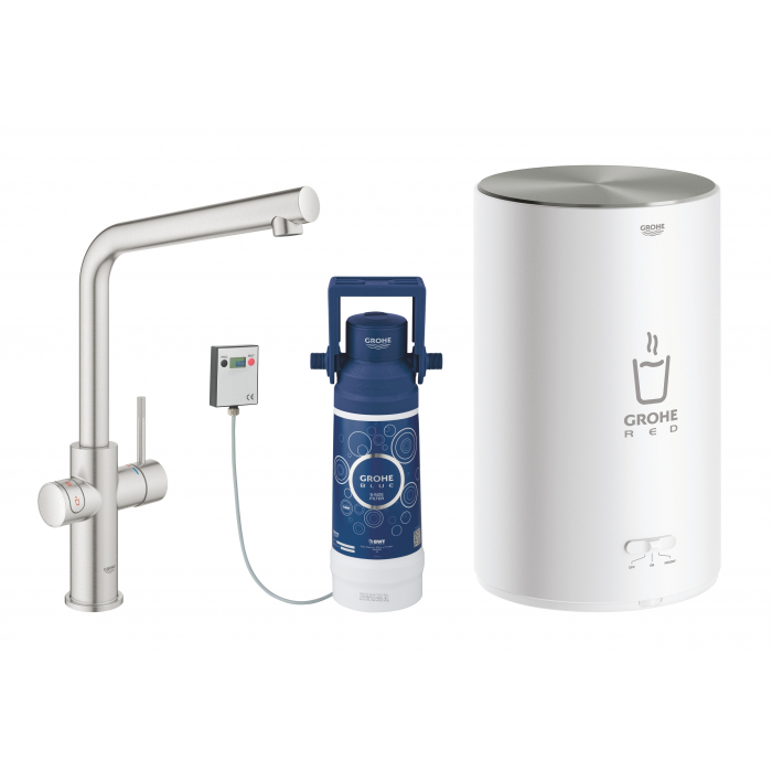 Комплект для кухни GROHE Red Duo с L-образным смесителем, бойлером M-Size и фильтром, суперсталь (30327DC1)