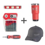 Комплект 1: Уровень Milwaukee Torpedo Base магнитный 25см + Термокружка PACKOUT 887 мл + Биты для шуруповерта Shockwave Impact Duty PH2 x 50 мм + Отвертка с трещоткой 9 в 1 Hex + Кепка Milwaukee