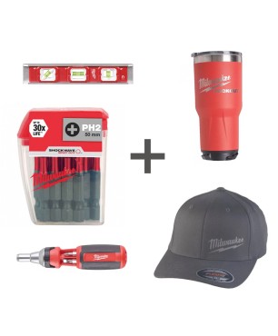 Комплект 1: Уровень Milwaukee Torpedo Base магнитный 25см + Термокружка PACKOUT 887 мл + Биты для шуруповерта Shockwave Impact Duty PH2 x 50 мм + Отвертка с трещоткой 9 в 1 Hex + Кепка Milwaukee