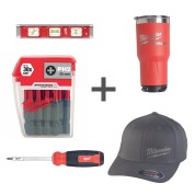 Комплект 2: Уровень Milwaukee Torpedo Base магнитный 25см + Термокружка PACKOUT 887 мл + Биты для шуруповерта Shockwave Impact Duty PH2 x 50 мм + Отвертка универсальная Milwaukee 14 в 1 + Кепка Milwaukee black