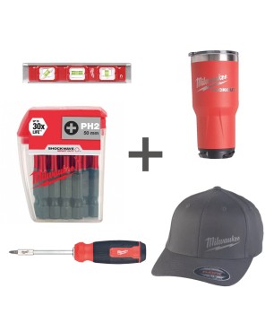 Комплект 2: Уровень Milwaukee Torpedo Base магнитный 25см + Термокружка PACKOUT 887 мл + Биты для шуруповерта Shockwave Impact Duty PH2 x 50 мм + Отвертка универсальная Milwaukee 14 в 1 + Кепка Milwaukee black
