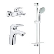 Комплект смесителей для ванной комнаты GROHE Eurostyle с душевым гарнитуром и полочкой, хром