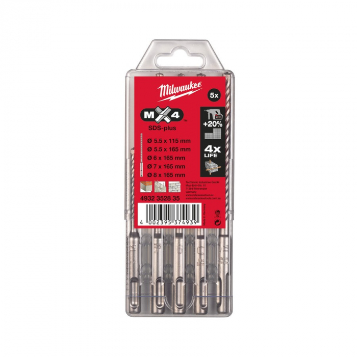 Набор буров Milwaukee SDS-Plus RX4 Set GB (5шт) (5.5 x115, 5.5/6/7/8 x165